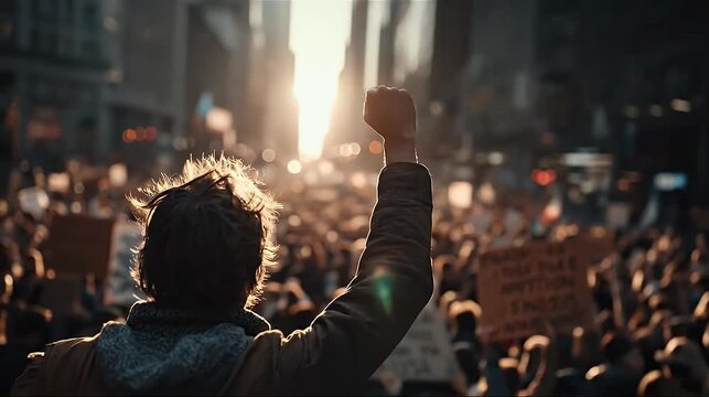 Protestor raises fist in solidarity against the backdrop of a crowd with sunlight illuminating the scene creating a sense of unity and determination