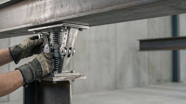 A person's gloved hands adjusting a complex metal seismic damper or structural joint on a large steel I-beam in an industrial setting.
