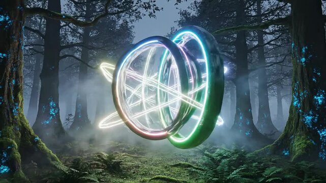 Mysterious Neon Orb Levitating in Enchanted Forest with Glowing Flora