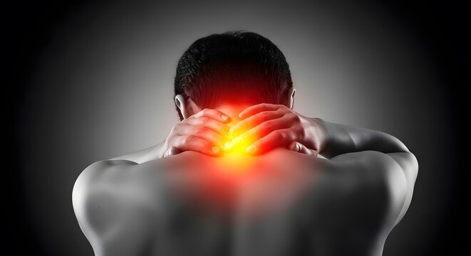 Upper back and neck pain symptoms in men. Occupational health and stress management. Rear view of shirtless man holding painful neck with glowing red heat effect