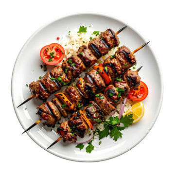 Close-up of chelo kebab chenjeh, showcasing marinated beef chunk kababs and fluffy rice, isolated on white background for detailed culinary visuals