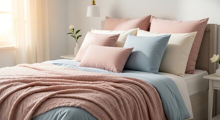 Cozy bedroom with soft pastel bedding and natural light.