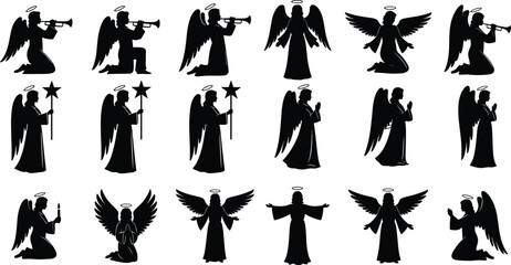 Angel silhouettes collection, heavenly winged figures playing trumpets and praying poses vector set, religious spiritual guardians, black sacred illustration icons © Hello World