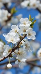 Obraz premium Vibrant photo of White spring cherry blossoms on branch against blue sky