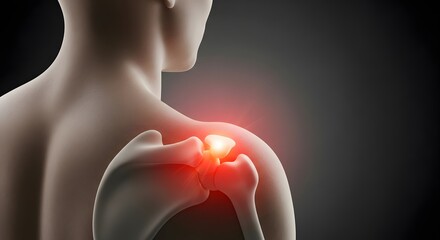 Fototapeta premium Shoulder dislocation and bone fracture illustration. Orthopedic clinic and joint health. 3D anatomical view of human shoulder bones with glowing red pain