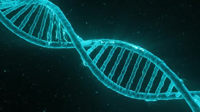 Digital illustration of a glowing blue DNA double helix structure.
