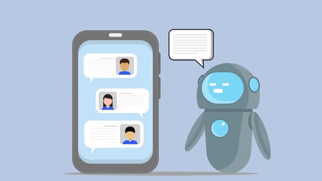 4K animation of chatbot communicates with phone displaying text messages, perfect for technology or customer service concepts, illustrating modern communication and automation.