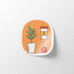 Minimalist line art illustration sticker featuring a potted plant coffee cup and house icon perfect for representing home comfort and daily lifestyle concepts