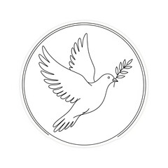 Minimalist line art dove flying with an olive branch enclosed in a circular frame a universal vector symbol of peace and hope