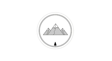 Minimalist mountain range icon with a small tree set within a circular frame ideal for outdoor adventure apps or travel branding