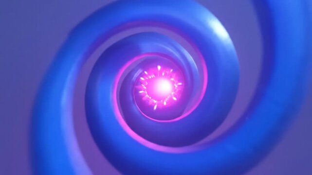 Abstract spiral tunnel with blue rings and a glowing pink sphere at the end.