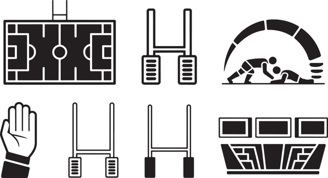 Rugby icons, field, goalposts, referee hand, seating, wrestling
