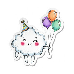 Happy cartoon cloud character wearing a party hat and holding colorful balloons a charming hand-drawn sticker for childrens birthdays and festive designs