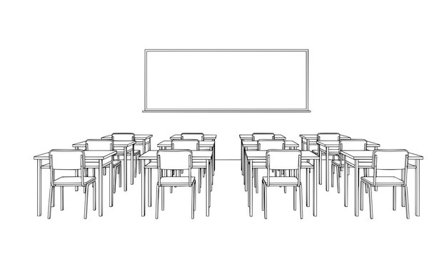 Simple classroom line art vector illustration with empty desks rows and whiteboard for education design