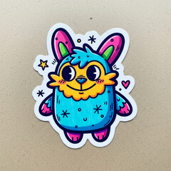 Cute and colorful cartoon monster character sticker featuring a fluffy blue creature with pink ears and a friendly smile perfect for childrens designs and playful branding