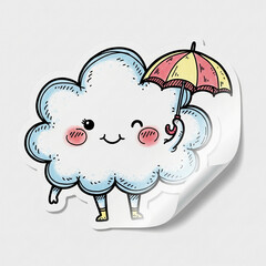 Adorable hand-drawn cloud character winking and holding a colorful umbrella illustrated in a cute doodle style perfect for childrens weather concepts and playful designs
