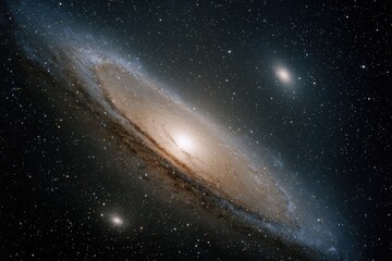 Fototapeta premium Vibrant photo of Deep space view of a spiral galaxy with bright core and interstellar dust lanes