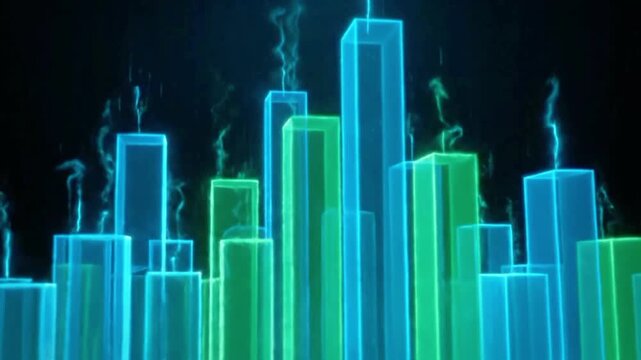 Digital blue bar chart with growing business concept. Hi-tech style technology chart with a grid. Camera movement with depth of field