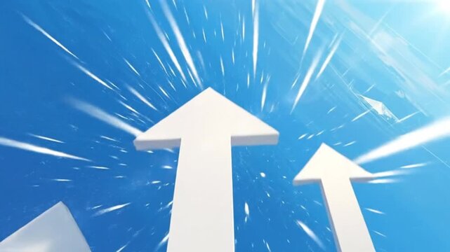 White arrows pointing upwards against a bright blue sky, symbolizing growth and success.