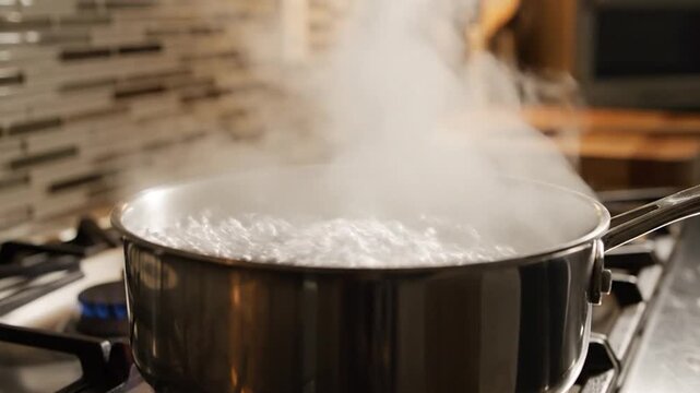Close-up of water boiling vigorously in a pot on a gas stove, producing steam