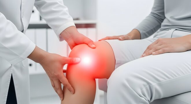 Clinical examination of knee joint inflammation and swelling. Physiotherapy and orthopedic diagnostic. Doctor hands pressing on red glowing pain area during patient visit