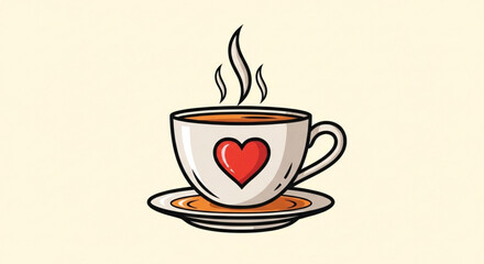 Obraz premium Steaming cup of coffee with heart design on white ceramic mug and saucer warm beverage illustration