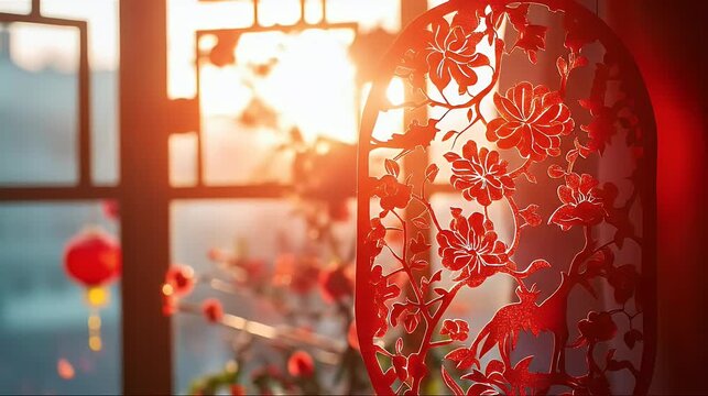 Intricate paper lantern illuminated by warm sunlight detailed floral patterns with a blurred background of branches and windows creating a vibrant red and golden ambiance
