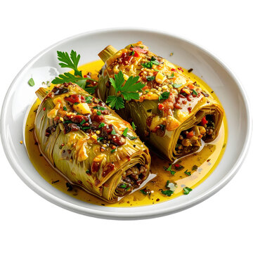 Authentic turkish etli enginar, a spring delicacy of artichokes packed with spiced ground meat and rice, isolated on a stark white background