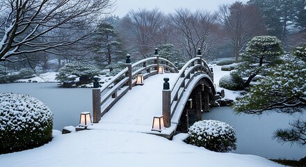 Snow-Covered Bridge in a Serene Japanese Garden Landscape.