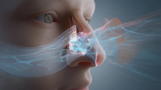 3D rendering of human nose with glowing airflow patterns illustrating breathing or nasal conditions.