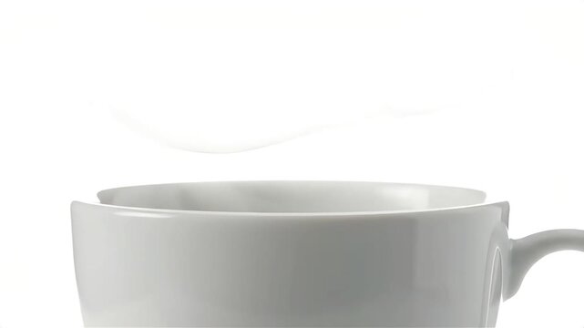 A steaming cup of coffee is poured from a height into a white ceramic mug on a plain surface close-up.