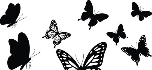 Butterfly silhouettes set, flying butterflies collection, black insect shapes, nature wildlife vector illustration isolated on white background © Noman Art