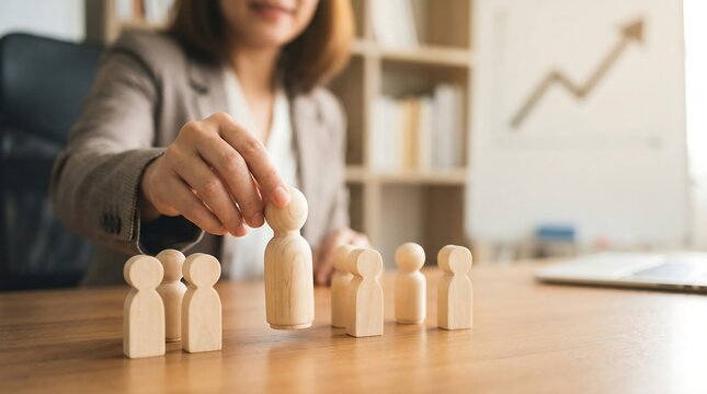 Business professional's hand choosing a wooden human figure, illustrating strategic human resource management and team selection