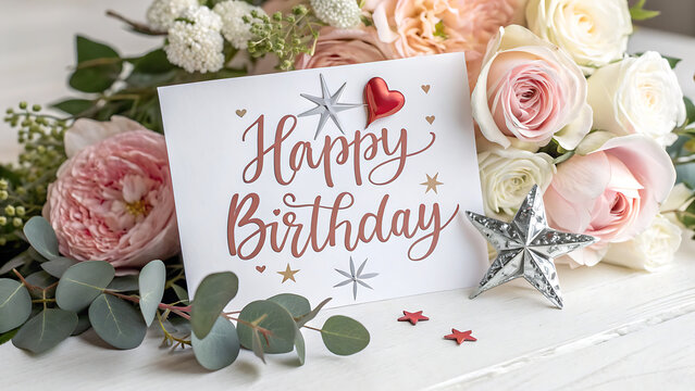 Happy birthday card with pink roses and silver star decorations on white table