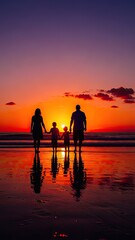 Family Silhouette holding hands on the beach at sunset with reflection in the water