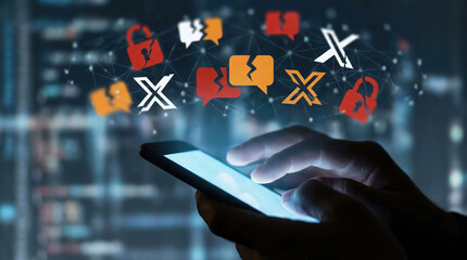 Cyber security social media data breach X platform hacking digital privacy communication breakdown conceptualizing modern network threats and system vulnerability on a smartphone.