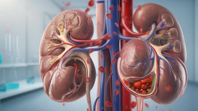 Detailed anatomical illustration of human kidneys, showing blood vessels and a cross-section with kidney stones.