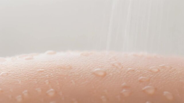 A close-up view of human skin covered in water droplets with more water falling from above.