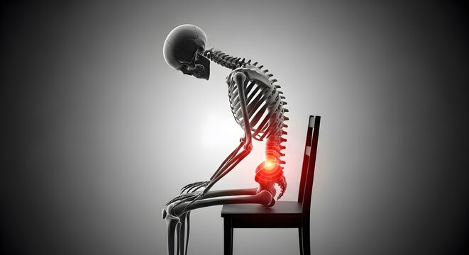 Chronic lumbar pain and spinal misalignment. Degenerative disc disease and posture issues. Human skeletal figure sitting on chair with bright red glow on lower spine and tailbone