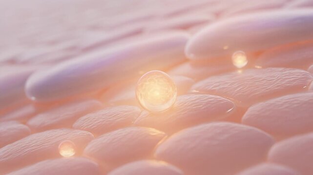 Close-up microscopic view of skin cells with glowing serum particles.