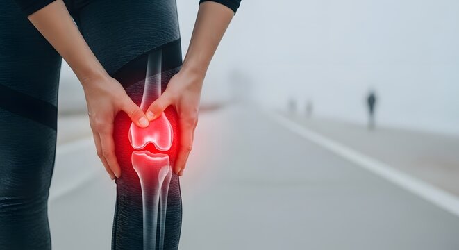 Chronic knee pain and meniscus injury during outdoor exercise. Joint inflammation and medical care. Person touching painful leg with bone structure visualization