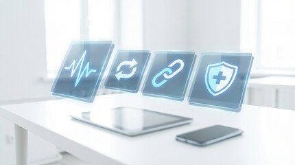 healthcare technology medical digital icons health innovation displaying futuristic holographic interface over mobile devices in a bright professional workspace for telehealth.