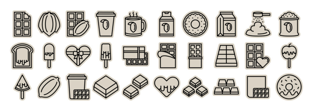 Chocolate cocoa scrapbook, doodle, sticker, collage, icon: set of cacao pod, candy bar, dessert for cafe, bakery