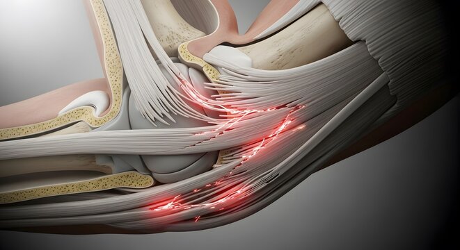 Elbow joint anatomy with torn ligaments and inflammation. Medical 3D illustration of tendon injury. Detailed view of damaged fibers and muscle tissue stress