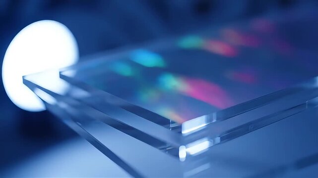A glass prism refracts light into colorful spectrum on surface close-up.