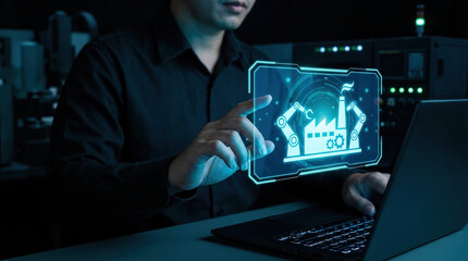 smart factory industrial automation industry 4.0 digital twin manufacturing technology artificial intelligence iot internet of things engineer using futuristic hologram screen