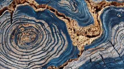 A close-up of textured wood featuring intricate rings and vibrant blue tones, highlighting the natural beauty and patterns of the material.