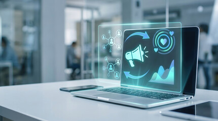 digital marketing social media laptop technology holographic analytics business office workspace featuring advanced futuristic dashboard interface for data-driven advertising strategy