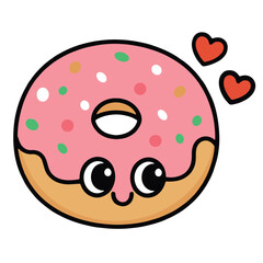 Obraz premium Cute pink frosted donut with sprinkles, cartoon face, and hearts, expressing love and happiness