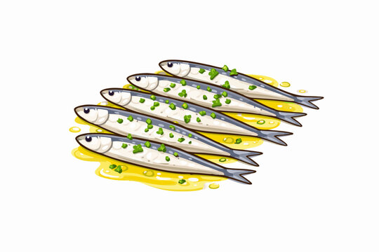Boquerones

Flat vector illustration of boquerones, marinated anchovies with olive oil and parsley, minimal flat vector style, clean icon design